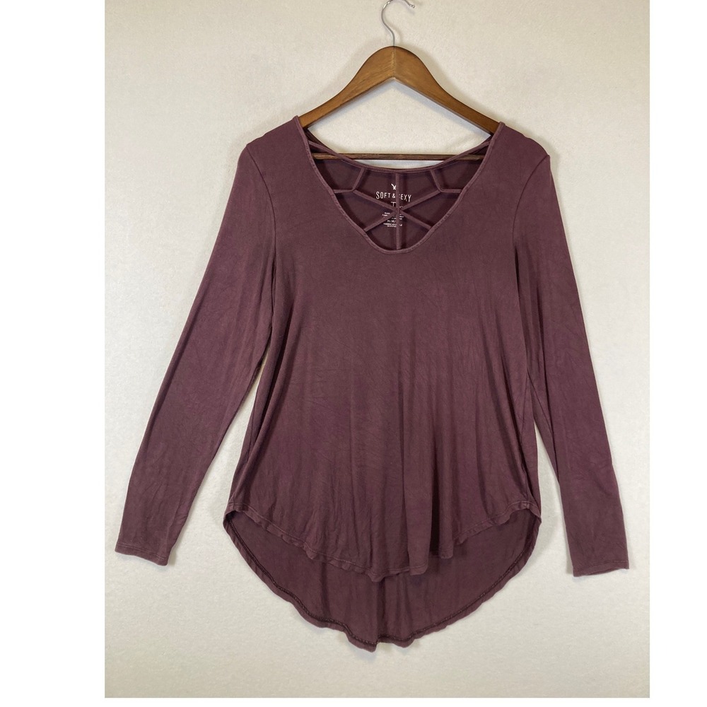 Casual American Eagle Women Medium Plum Soft & Sexy Lattice Neck High Low Tee‎